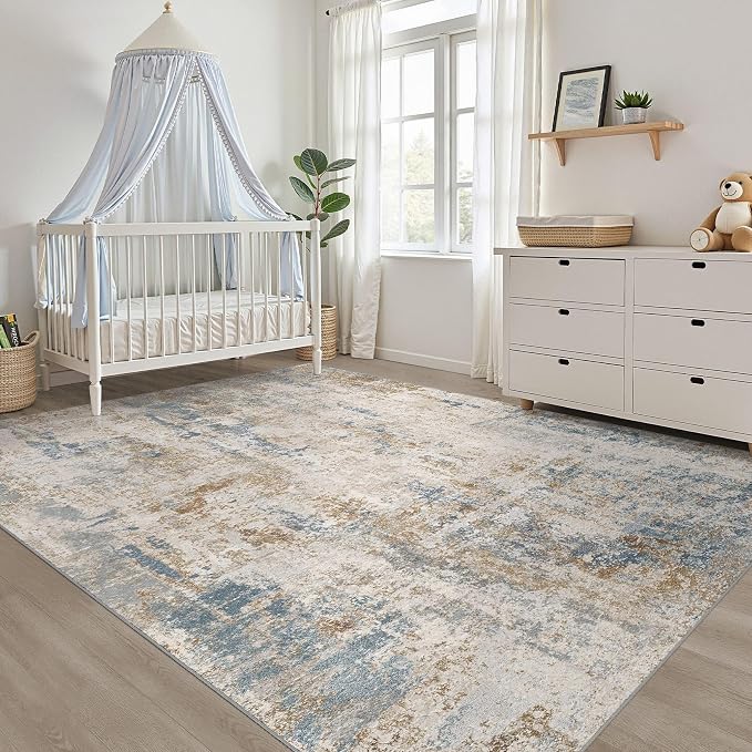 10x14 Area Rugs Living Room: Washable Large Neutral Rug Abstract Soft Modern Stain Resistant Indoor Floor Non-Slip Carpet for Bedroom Nursery Kids Office Playroom Dining Room Under Table- Blue Brown