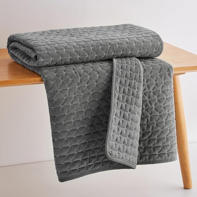 Levtex Home - Velvet Stitch Throw - Quilted Throw (50x60in.) - Velvet - Grey White - Reversible - Polyester