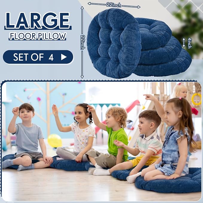 Jerify 4 Pcs Floor Pillow Cushions Large Round Square Large Meditation Floor Pillow for Classroom Adult Meditation Picnic Party Seating Learning Daycare School (Round,Navy Blue)