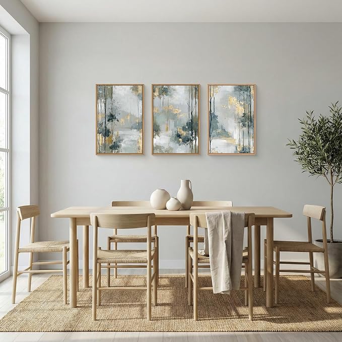 HPNIUB Abstract Forest Framed Canvas Wall Art Set, Minimalist Splash Ink Gold Green Pastel Watercolor Trees Wall Decor,Illustration Neutral Art Painting for Living Room,Dining Room,Office -24"x36"x3