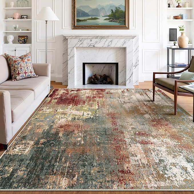 RELEANY Washable Area Rugs 6'x9' Non-Slip Modern Abstract Soft for Living Room Entryway Bedroom Nursery, Print Pattern, Brown Rust Red Green Blue Multi