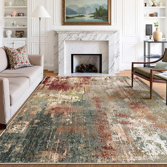 RELEANY Washable Area Rugs 8'x10' Non-Slip Modern Abstract Soft for Living Room Entryway Bedroom Nursery, Print Pattern, Brown Rust Red Green Blue Multi