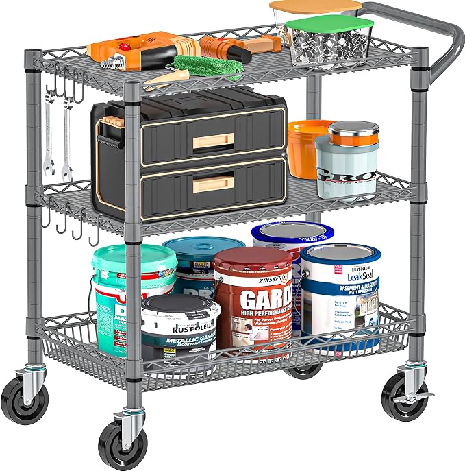 Folews Heavy Duty Rolling Cart with Wheels, 990LBS 3-Tier Metal Utility Cart, NSF Rolling Storage Organizer Adjustable Shelves & Basket, Lockable Casters, Commercial Storage Trolley, Gray