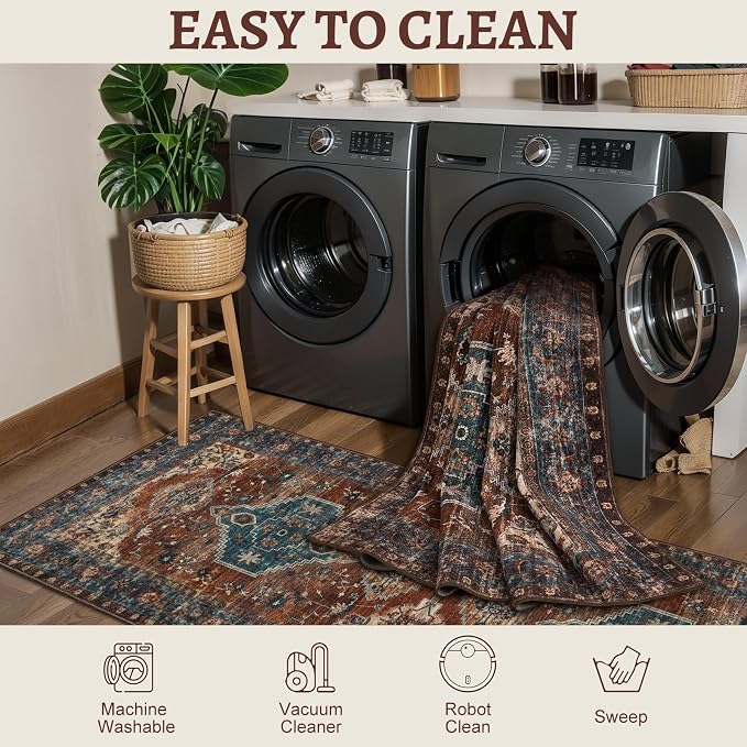 Tangsoo 6x9 Area Rug Washable Rugs for Living Room, Oriental Indoor Non Slip Large Area Rugs, Vintage Print Carpet, Soft Low Pile Foldable Floor Rug for Bedroom Dining Room Dorm