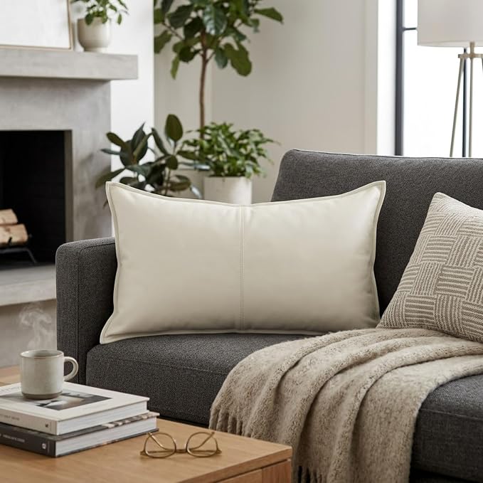 Genuine Leather Pillow Cover Case for Lumbar Throw Couch Pillows - Modern Farmhouse Decorative Sofa Thick & Soft Cushion Covers (White, 16" x 24")