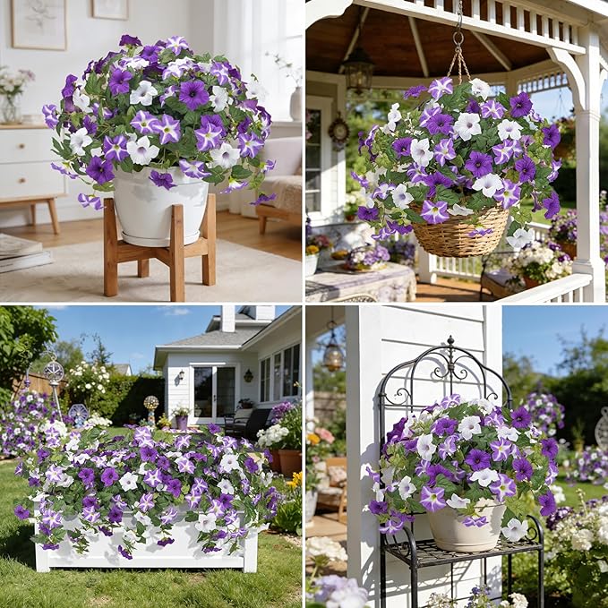 Ouddy Decor 3 Pcs Artificial Flowers for Outdoors Decorations, Fake Silk Petunias Flowers Faux Plants UV Resistant for Garden Porch Window Box Balcony Yard Planter Spring Summer Home Decor, Purple