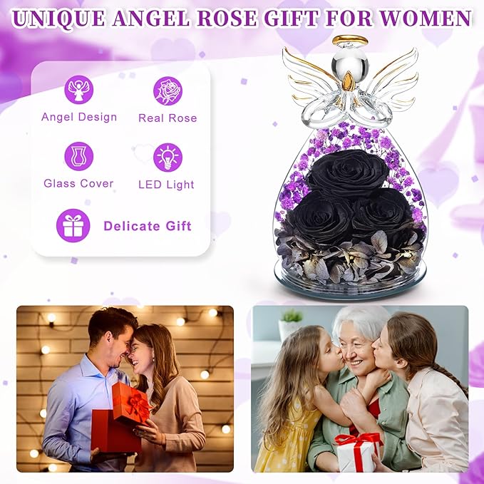 Beferr Mothers Day Mom Birthday Gifts for Women, Fresh Flowers for Delivery Forever Preserved Rose in Glass Angel Figurine, Anniversary Christian Real Rose for Grandma Nana Wife Mum from Daughter Son