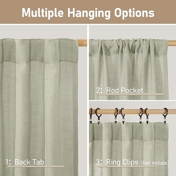 LAMIT Light Filtering Linen Curtains 72 inches Long for Bedroom, Linen Textured Semi Sheer Back Tab and Rod Pocket Boho Drapes for Window/Living Room, Sage Grey, 2 Panels, 34 x 72 Inch