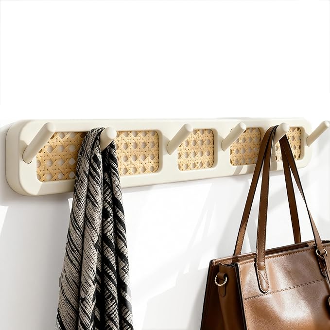 Coat Rack Wall Mount, Rattan Coat Hooks Hanger Wall Mounted | 6 Heavy Duty Bamboo Hooks Rack Rail for entryway Hanging Clothes Hats Bags Jackets Towels Plants,Natural