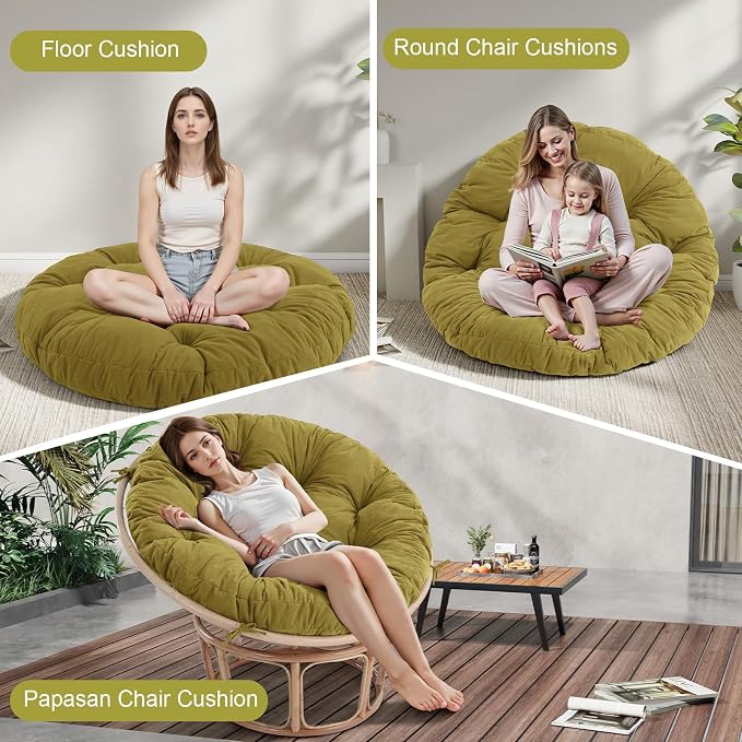 idee-home Papasan Chair Cushion, Circle Papasan Chair Cushion(Cushion Only) | Papasan Cushion with Thick Corduroy Cover, 48 x 48 Inch Cushion for Egg Chair, Light Green