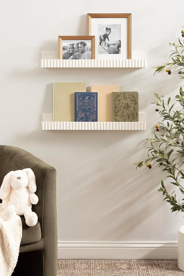 Kate and Laurel Furrow Modern Wood Photo Display Ledges; Set of 2; 24 Inches; White; Scalloped Floating Picture Ledge Shelf Set with Lip for Use as Nursery Book Shelves or Gallery Wall Decor