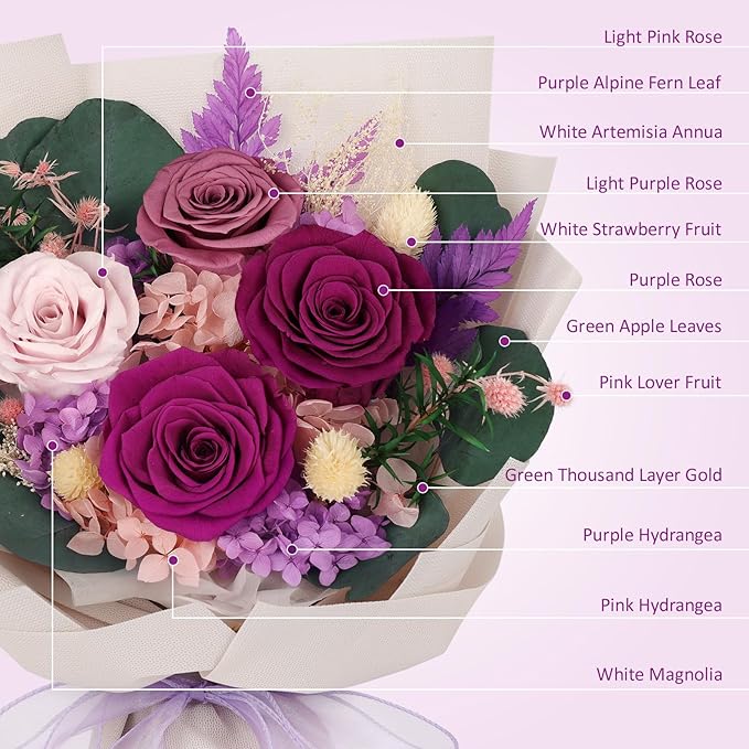 Preserved Flowers Bouquet 4 Roses with Vase,Flowers for Delivery Prime That Last 3-5 Years Real Forever Flowers Rose Bouquet for Mom Mother Women Wife Friends Birthday Mother's Day