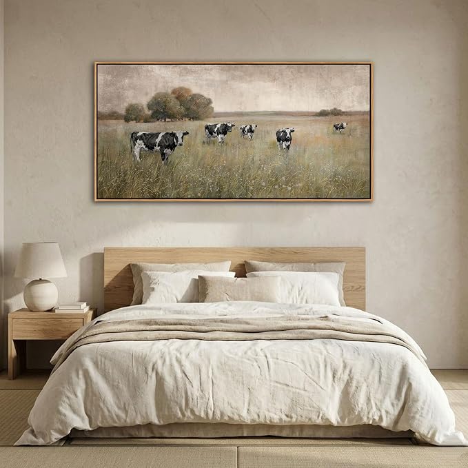 YDYSUNE Cow Pasture Wall Art - Rustic Landscape Canvas Print,Beige and Black Farm Animal Framed Picture,Grazing Cows Painting for Living Room Bedroom Country Kitchen Decor Artwork Size 24×48inch