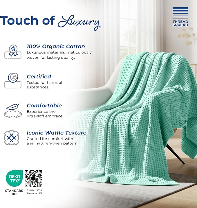 THREAD SPREAD 100% Cotton Waffle Blanket Queen Size - Soft Lightweight Breathable Waffle Weave Queen Blanket for All Season, Textured Throw Blankets for Bed, Sofa, Hotel, Hospital - Mint Green