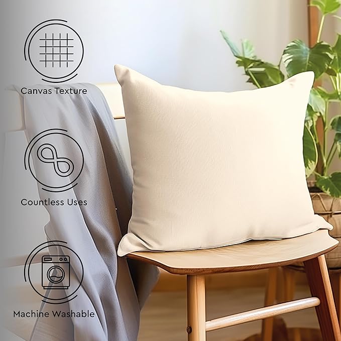 Encasa XO Throw Pillow Covers 18x18 in Set of 4 Natural | No Inserts | Cotton Pillow Covers for Living Room, Bed, Sofa, Couch | Decorative Cushion Covers with Improved Zipper