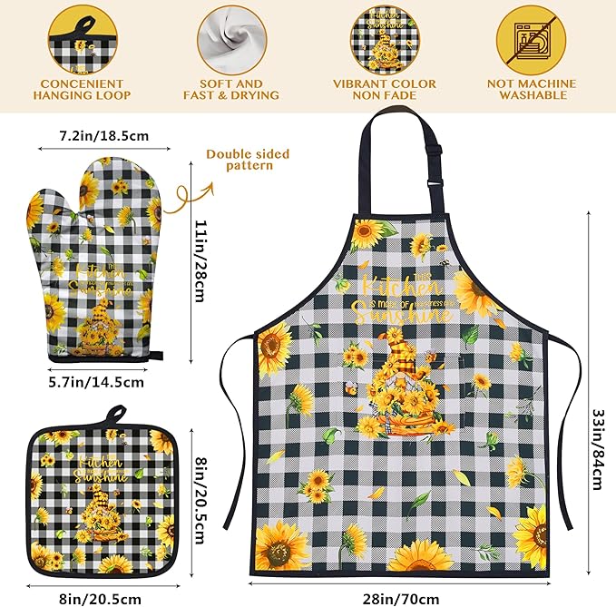 8PCS Sunflower Kitchen Bamboo Cooking Spoon Utensil Set with Apron Oven Mitt Pot Holder -Sunflower Themed Decor Gifts for Women,Mom,Housewarming,Christmas,Birthday Gift