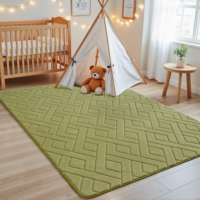 Macgace Ultra Soft Green Area Rug for Bedroom, 3x5 Modern Geometric Shag Rugs with Nonslip Backing for Living Room, Washable Fuzzy Carpet for Cozy Kids Room Nursery