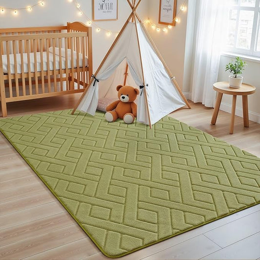 Macgace Ultra Soft Green Area Rug for Bedroom, 3x5 Modern Geometric Shag Rugs with Nonslip Backing for Living Room, Washable Fuzzy Carpet for Cozy Kids Room Nursery