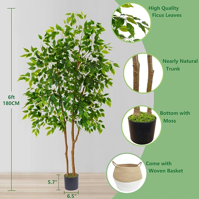 Warmplants Artificial Ficus Tree, 6ft Tall Fake Ficus Tree with Basket, Faux Plant for Indoor Outdoor Home Livingroom Office Garden Porch Décor