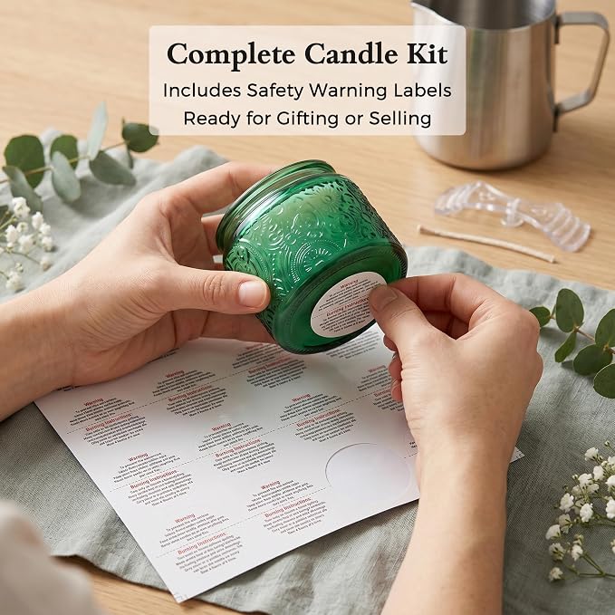 4 oz Green Sun Moon Stars Candle Jars with Bamboo Lids, 18 Pack | Patented Embossed Design, Includes Wick Centering Devices & Warning Labels, Multiple Color Options