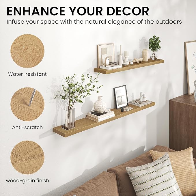 Heimlove Floating Shelves for Wall,16 inchs Shelf for Small Bathroom,Mounted Storage & Display Wood Shelves for Bedroom,Living Room,Kitchen,Office,Set of 2,Oak Color
