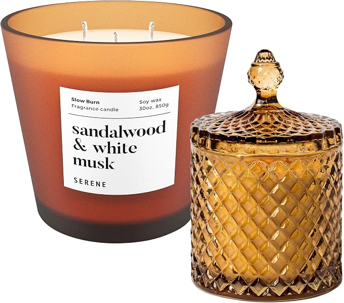 Hidden Label Large Decorative Jar Candle,Wood Wick Jasmine& Magnolia + Sandalwood White Musk Scented Candle.Soy Wax Candle for Home Scented