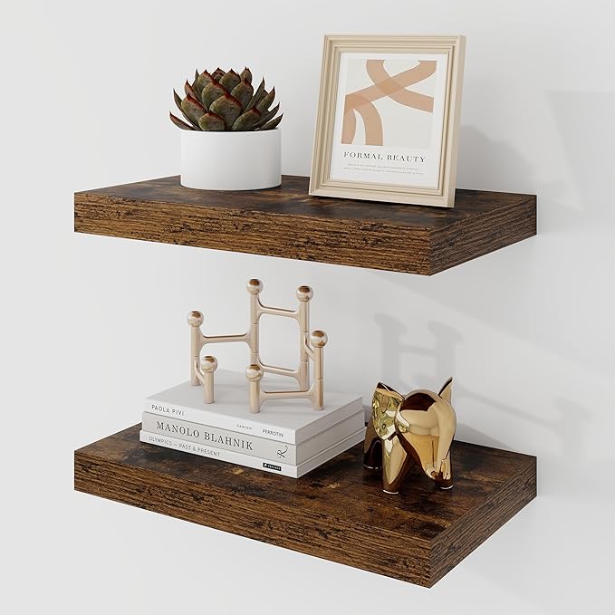 Acovy 16 Inch Floating Shelves, 9.3" Deep Floating Shelf Wall Mounted, 16" Wall Shelves, Rustic Deep Bookshelf, Large Display Shelves & Storage Shelves for Bedroom, Living Room, Brown, Set of 2