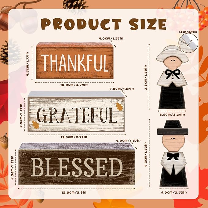 Lineshading 4 Pcs Thanksgiving Table Decoration Wooden Pilgrim Couple Decor Thanksgiving Tiered Tray Decor Fall Centerpiece Rustic Decorative Pilgrim Block Signs Gift Farmhouse for Home Kitchen