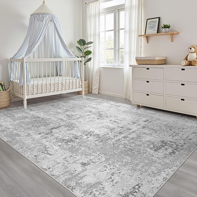 5x8 Area Rug Living Room: Washable Large Neutral Rug Abstract Soft Modern Stain Resistant Indoor Floor Non-Slip Carpet for Bedroom Nursery Kids Office Playroom Dining Room Under Table- Light Gray
