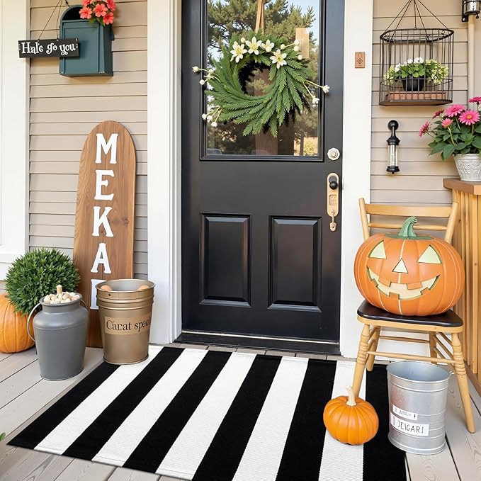 OLANLY Black and White Striped Rug 2' x 3' (24" x 36") – Washable Cotton Indoor Outdoor Doormat for Front Door, Entryway, Kitchen, Porch, Patio Decor
