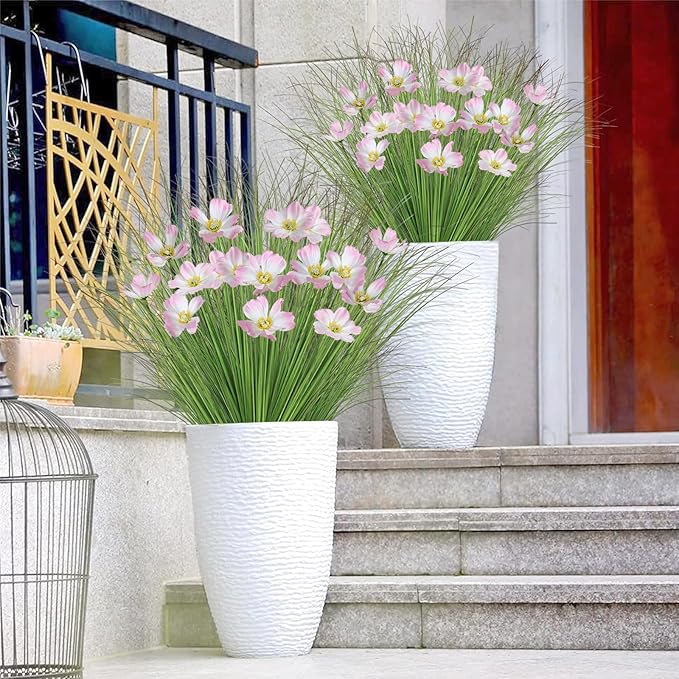 24 Bundles Artificial Flowers for Outdoors Onion Grass UV Resistant Greenery Stems Weed Artificial Fake Shrubs Grass Plant with Flowers Bushes Decoration for Indoor Outdoor Garden Office Home