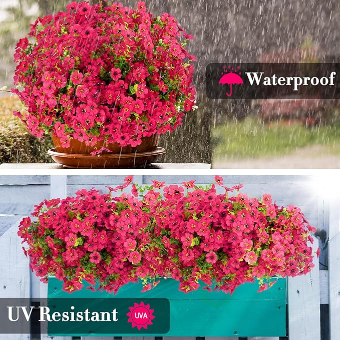 MERIXMAS 24 Bundles Artificial Flowers for Outdoors Decorations, Fake Flowers Artificial Plants Outdoor, Colorful Daisy Eucalyptus Realistic UV Resistant for Garden Patio Porch Home Decor, Rose Red