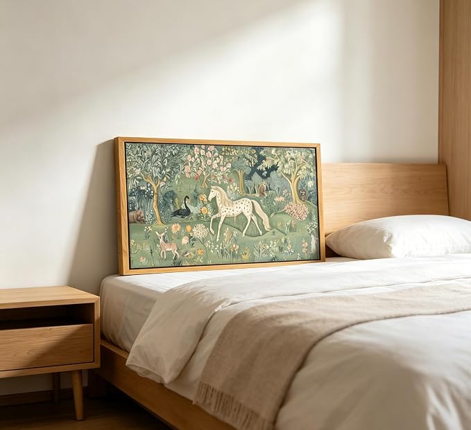 Large Wood Framed Woodland Animal Wall art,Magic Horse Bear Deer Poster Green Fantasy Forest Botanical Pictures Decor,Colorful Fairy Tale World Picture Poster,for Kids Room Bedroom Living Room