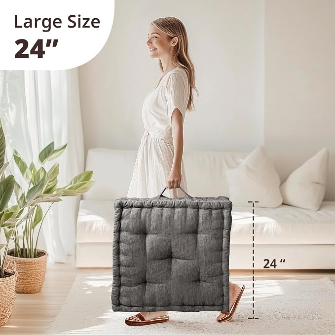 Intelligent Design Azza Floor Pillow, Large Cushions Sitting for Adults, Floor Pillow for Meditation or Yoga, Lustrous Chenille Tufted with Scalloped Edges for Bench/Chair Cushion, 24"x24"x5" Charcoal