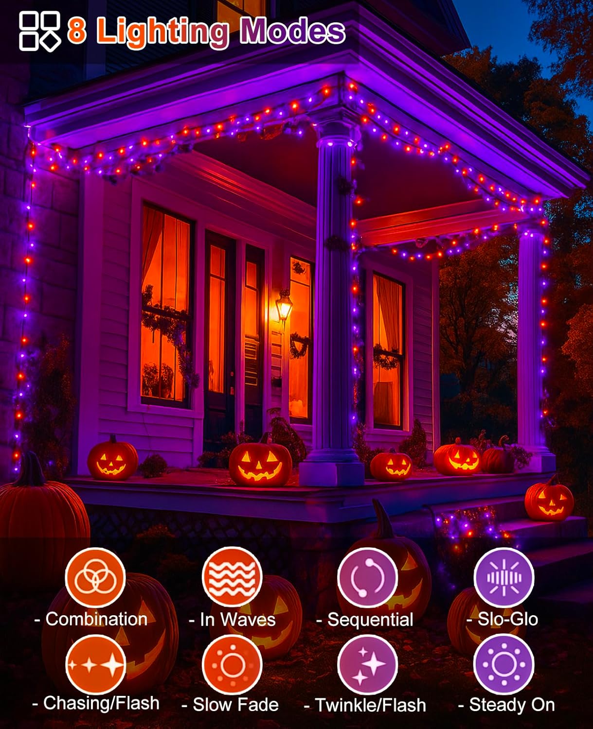 Halloween Lights Outdoor 40FT 120 LED, Green Wire String Lights for Outside Waterproof, 8 Modes Connectable Twinkle Tree Light for Indoor Bedroom Yard Party Holiday Decorations, Purple Orange