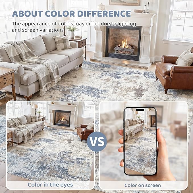 UERMEI 8x10 Area Rug Living Room Rugs - Washable Neutral Modern Abstract Soft Thin Large Rug Indoor Floor No Slip Rug Carpet for Bedroom Under Dining Table Home Office Decor - Denim Blue