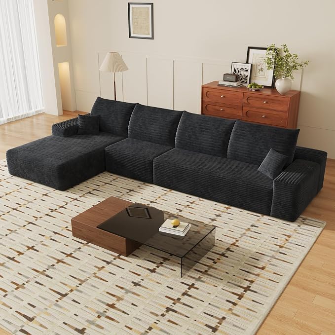 135" Corduroy Couch Sectional with Chaise, L Shape Boneless Cloud Couches for Living Room Bedroom, Modular Corner Couch, Fluffy Deep Seat Compression Sofa, Left Facing Chaise, No Assembly, Black