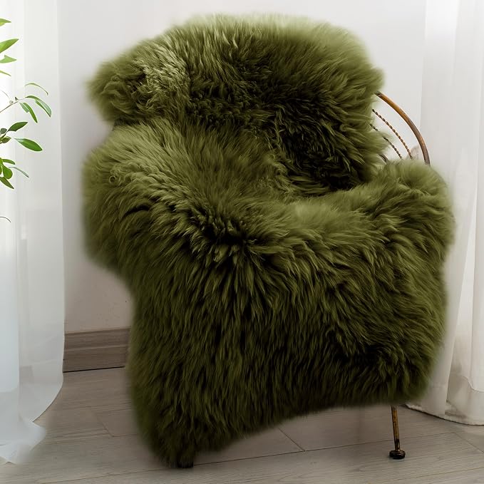 Premium Genuine Sheepskin Area Ruge - Real Wool Fur Shaggy Carpet | Fluffy Soft Natural Lambskin Rug Seat Chair Covers for Couch Sofa Bedroom Living Room(Dark Green,2×3 Feet Sheepskin)