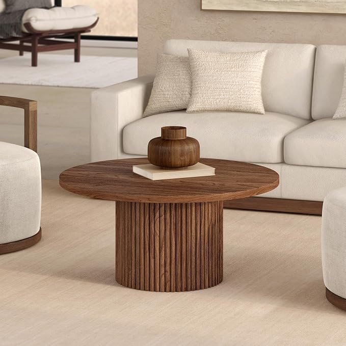 Henn&Hart 32" Fluted Round Wooden Pedestal Low-Profile Coffee Table for Living Room, Family Room, Office, or Apartment, Medium Walnut