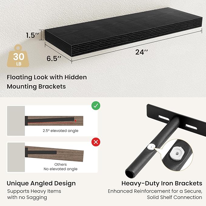 Fun Memories Floating Shelves for Wall, Rustic Wood Wall Mounted Shelves for Bathroom, Bedroom, Living Room & Kitchen, Storage Display Shelves, (Set of 2, Black, 24 in)