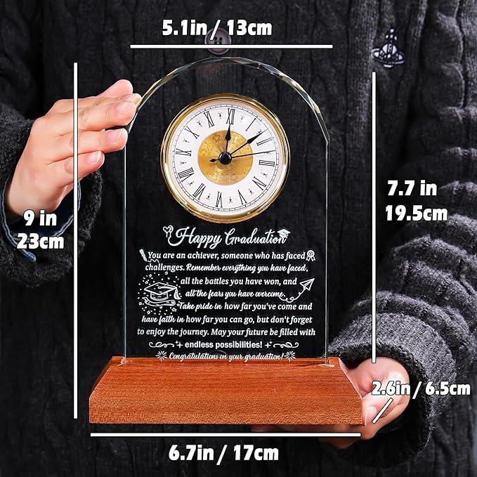 Arikyrist Glass Clock Graduation Gifts for Women Men with Wooden Light Base Class of 2026 Graduation Keepsakes for Her Him Inspirational Gifts Idea for College High School PHD Masters Degree