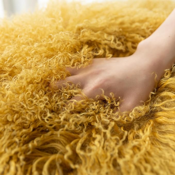 MOOX Mongolian Lamb Fur Pillow Covers Lumbar Throw Sheepskin Pillow Case Genuine Wool Fur Tibetan Accent Living Room Bedroom Decorative Cushion Cover (18 * 18inch Gold)