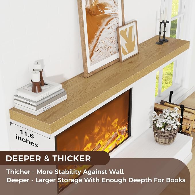 72" Wide x 12" Deep Floating Shelves for Wall, Oak Finish, 1-Pack | Engineered Wood Wall Shelves with Invisible Brackets for Living Room, Bedroom, Bathroom, Office & Kitchen Storage