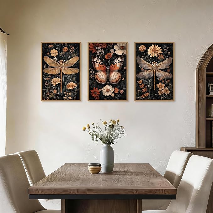Large Vintage Butterfly Dragonfly Framed Canvas Wall Art Set,Retro Dark Academia Animal Floral Botanical Wall Decor,Moody Insect Wildflower Artwork for Living Room,Bedroom,Farmhouse-24 x36 x3