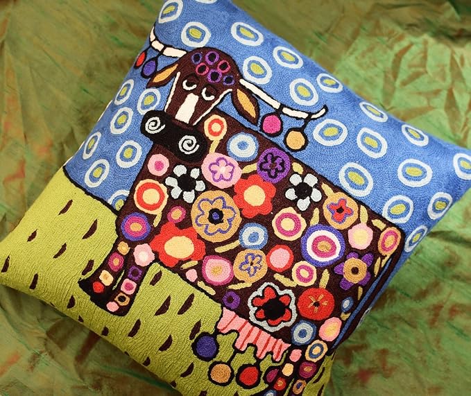 Cow Pillow Cover Karla Gerard Animal Cow-Themed Throw Kids Room Pillowcase Blue Chair Pillows Whimsical Cow Art Throw pillowsham Hand Embroidered Wool Size 18x18
