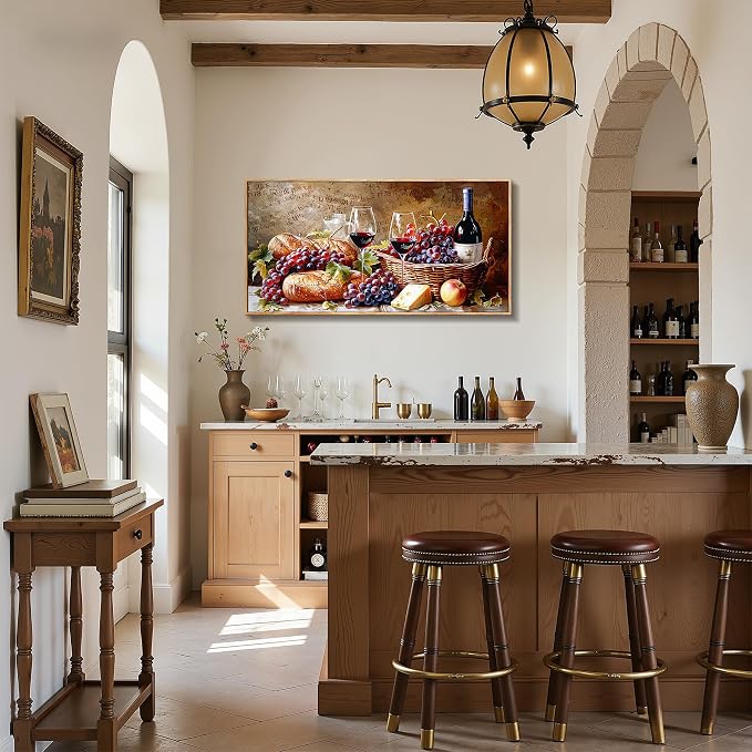 imjiayu Large Framed Wall Art, Dining Room Wall Art, Rustic Wall Decor, Vintage Grape Wine Canvas Prints, Fruit Food Harvest Paintings Wall Decor Living Room Kitchen Farmhouse Home Bar 24"x48"