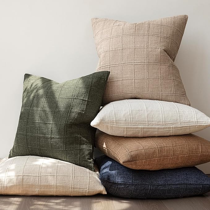 Foindtower Set of 2 Decorative Linen Check Throw Pillow Covers Neutral Farmhouse Lumbar Cushion Covers Modern Coastal Boho Home Decor for Sofa Chair Couch Bedroom Living Room,12×24 Inch,Camel