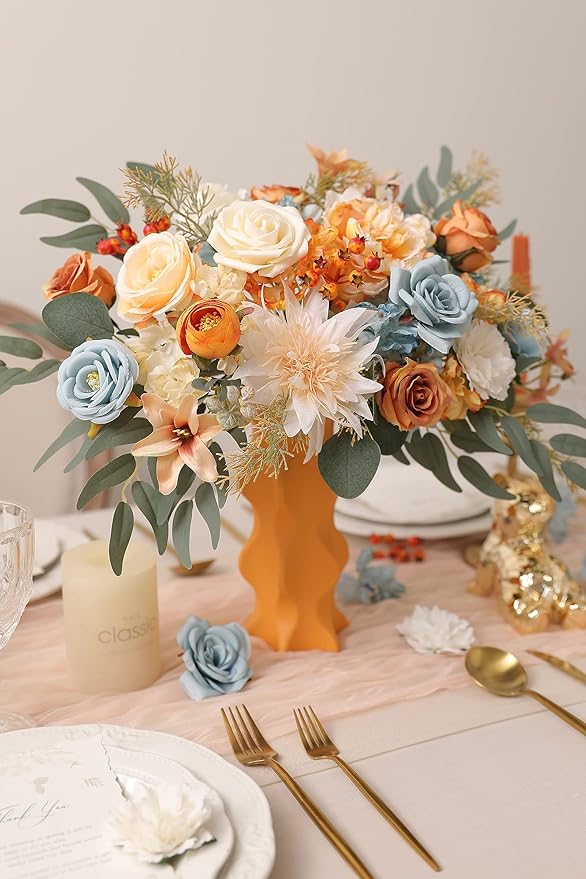 rongflower Artificial Flowers Combo Fake Silk Flowers Fall Bouquets for DIY Wedding Bouquets Centerpieces Party Baby Shower Home Decorations (Blue White)