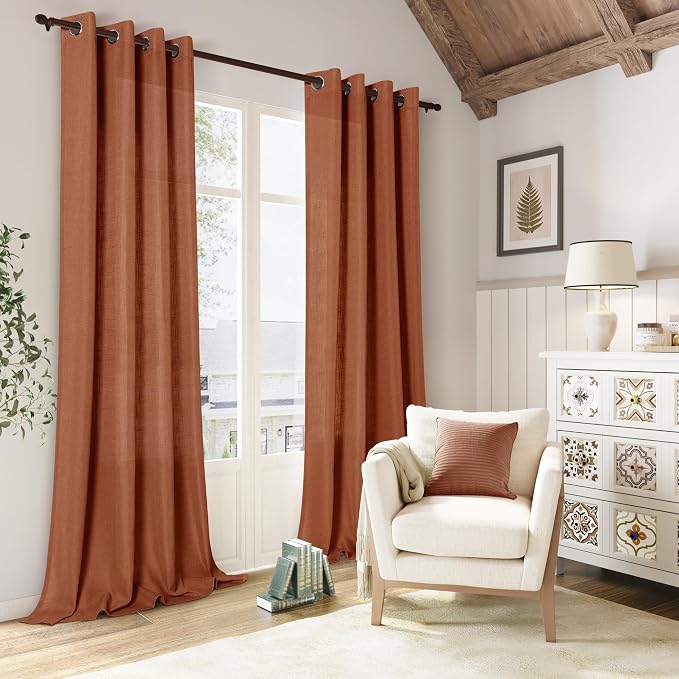 2 Panels Terracotta Linen Curtains 108 Inches Long for Living Room Grommet Extra Long Semi Sheer Curtains Boho Farmhouse Light Filter Rust Linen Drapes 108 Inch Length for Bedroom Large Window 9 FT