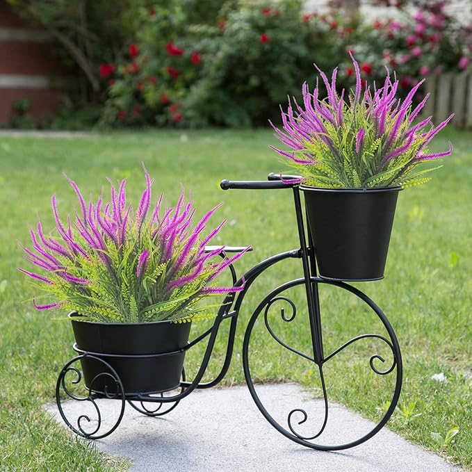 Grunyia 10 Bundles Artificial Plants Outdoor Fake Grass with Flowers UV Resistant Greenery Garden Porch Window Box Decorating (Magenta)